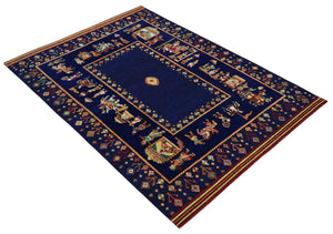 Flatwoven 5x7 Navy Blue Indian Wedding Soumak Rug, Hand Spun Wool Rug | KNT40