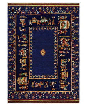 Flatwoven 5x7 Navy Blue Indian Wedding Soumak Rug, Hand Spun Wool Rug | KNT40
