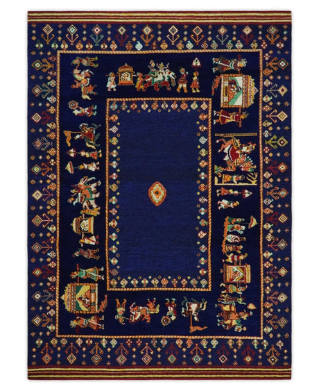 Flatwoven 5x7 Navy Blue Indian Wedding Soumak Rug, Hand Spun Wool Rug | KNT40