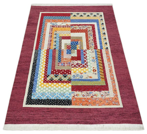 Flatwoven Artistic Modern Geometric 5x7 Multicolor Wool Hand Made Soumak Rug | KNT52