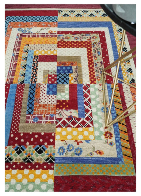 Flatwoven Artistic Modern Geometric 5x7 Multicolor Wool Hand Made Soumak Rug | KNT52