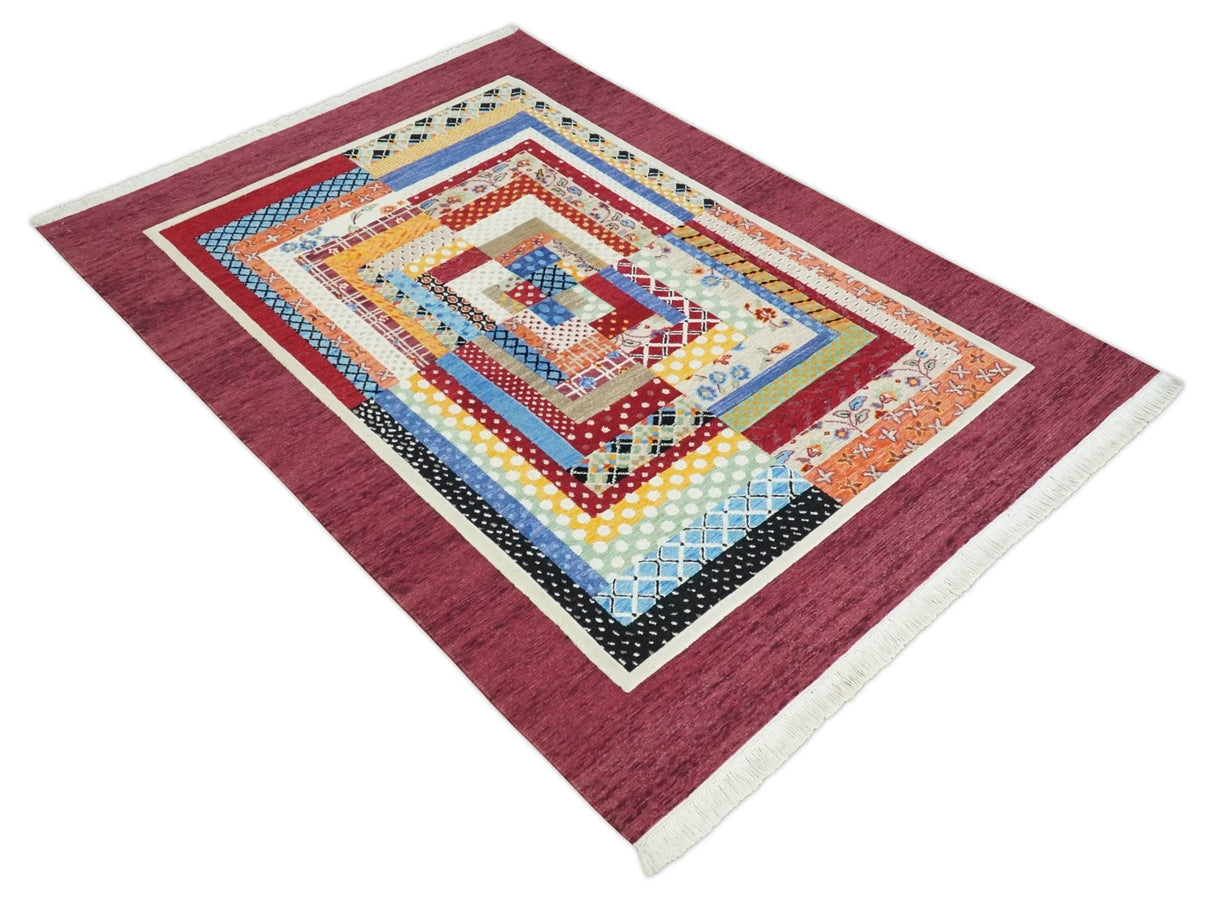 Flatwoven Artistic Modern Geometric 5x7 Multicolor Wool Hand Made Soumak Rug | KNT52