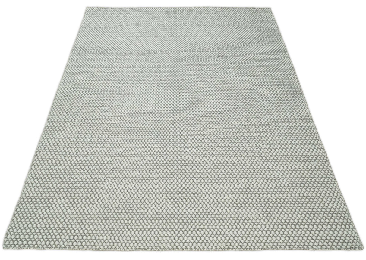 Flatwoven Dhurrie 8x10 and 9x12 Modern Checkered Gray and Ivory Wool Area Rug, Layering Rug | TRDCP832