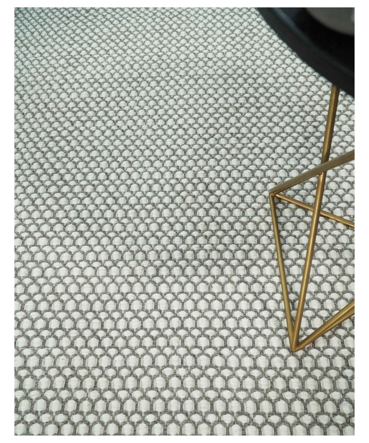 Flatwoven Dhurrie 8x10 and 9x12 Modern Checkered Gray and Ivory Wool Area Rug, Layering Rug | TRDCP832