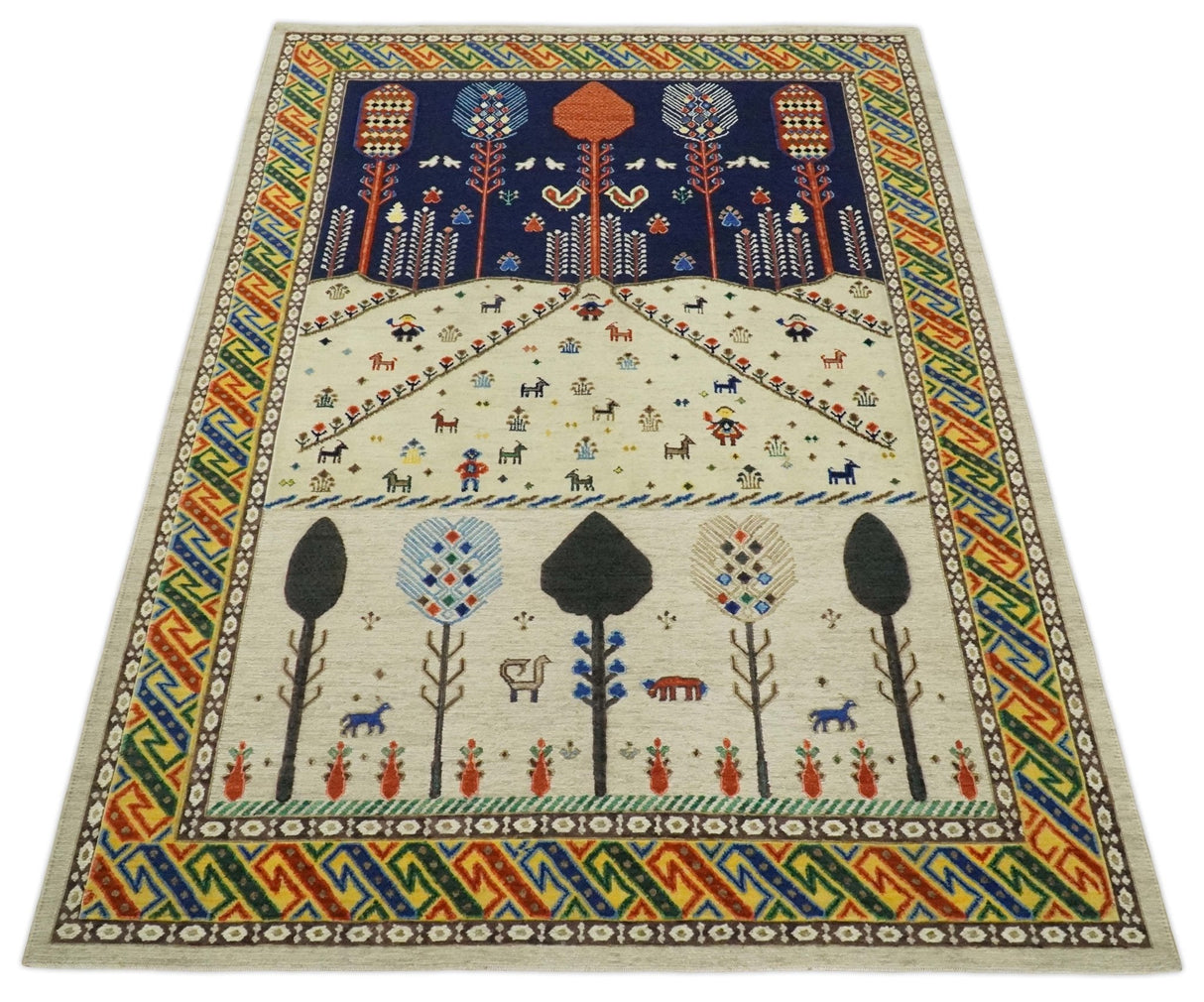 Flatwoven Soumak Weave 5x7 Beige and Blue Tribal Hand Spun Wool Hand Woven Southwestern Gabbeh Rug | KNT44
