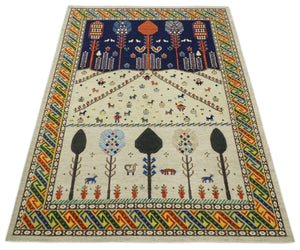 Flatwoven Soumak Weave 5x7 Beige and Blue Tribal Hand Spun Wool Hand Woven Southwestern Gabbeh Rug | KNT44