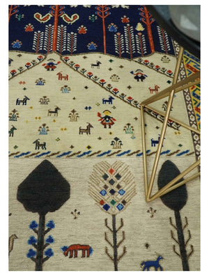 Flatwoven Soumak Weave 5x7 Beige and Blue Tribal Hand Spun Wool Hand Woven Southwestern Gabbeh Rug | KNT44