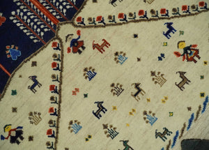 Flatwoven Soumak Weave 5x7 Beige and Blue Tribal Hand Spun Wool Hand Woven Southwestern Gabbeh Rug | KNT44