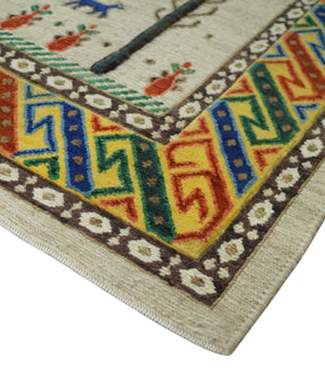 Flatwoven Soumak Weave 5x7 Beige and Blue Tribal Hand Spun Wool Hand Woven Southwestern Gabbeh Rug | KNT44