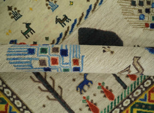 Flatwoven Soumak Weave 5x7 Beige and Blue Tribal Hand Spun Wool Hand Woven Southwestern Gabbeh Rug | KNT44