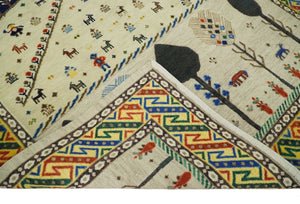 Flatwoven Soumak Weave 5x7 Beige and Blue Tribal Hand Spun Wool Hand Woven Southwestern Gabbeh Rug | KNT44
