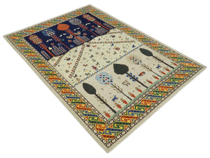 Flatwoven Soumak Weave 5x7 Beige and Blue Tribal Hand Spun Wool Hand Woven Southwestern Gabbeh Rug | KNT44