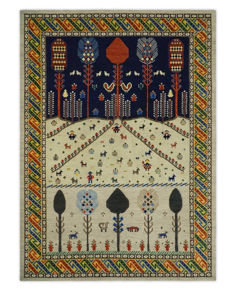 Flatwoven Soumak Weave 5x7 Beige and Blue Tribal Hand Spun Wool Hand Woven Southwestern Gabbeh Rug | KNT44