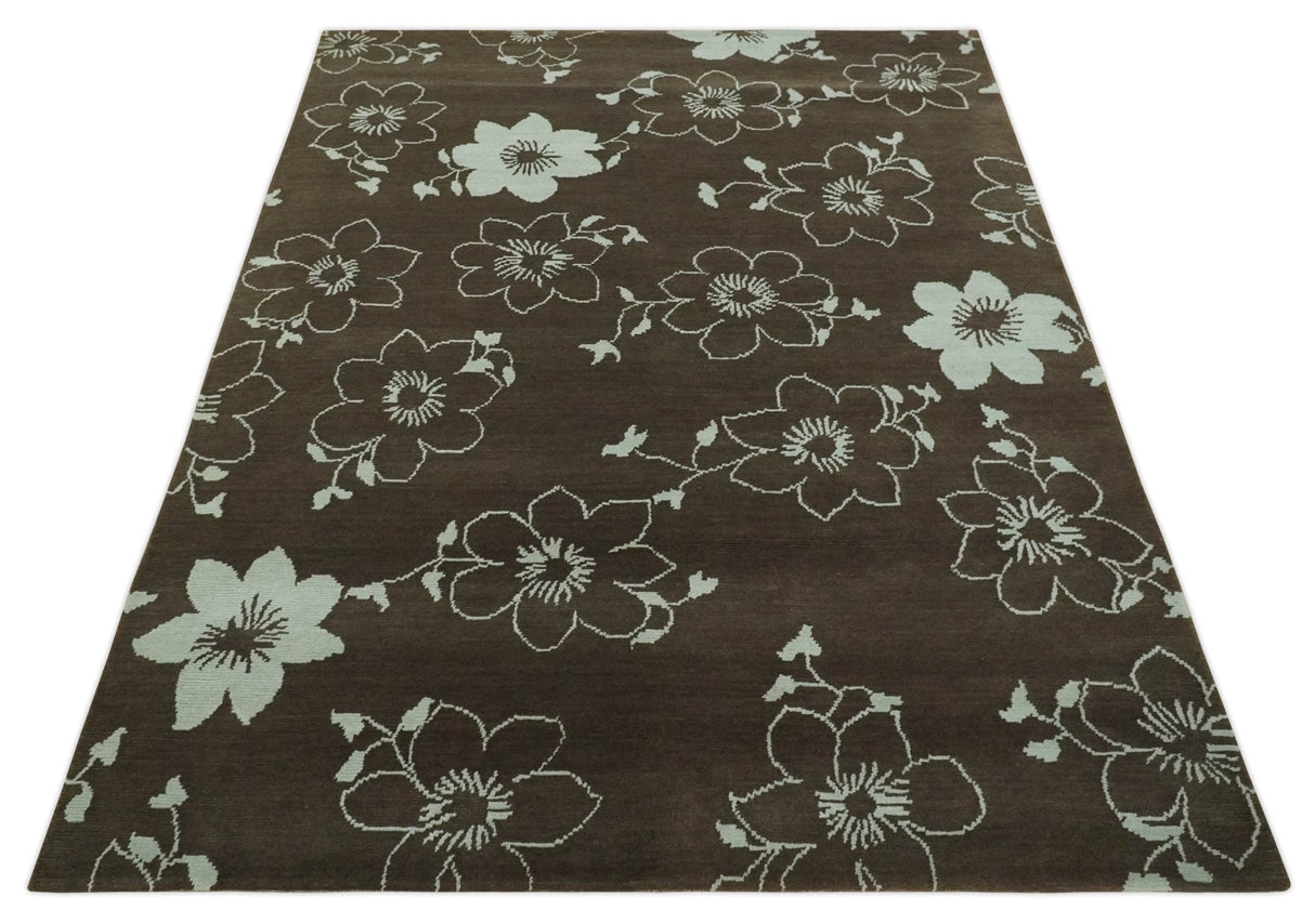 Floral 6x7.6 Brown and Ivory Hand Knotted Wool Area Rug