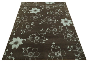 Floral 6x7.6 Brown and Ivory Hand Knotted Wool Area Rug