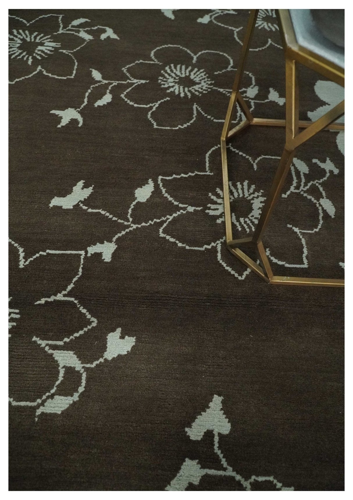 Floral 6x7.6 Brown and Ivory Hand Knotted Wool Area Rug