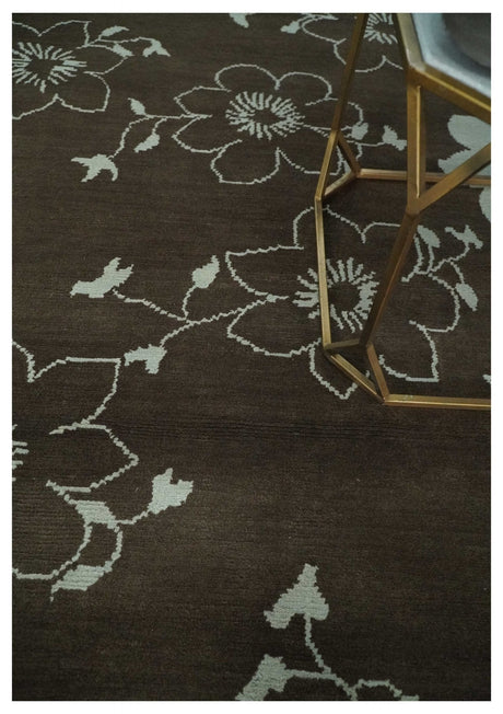 Floral 6x7.6 Brown and Ivory Hand Knotted Wool Area Rug