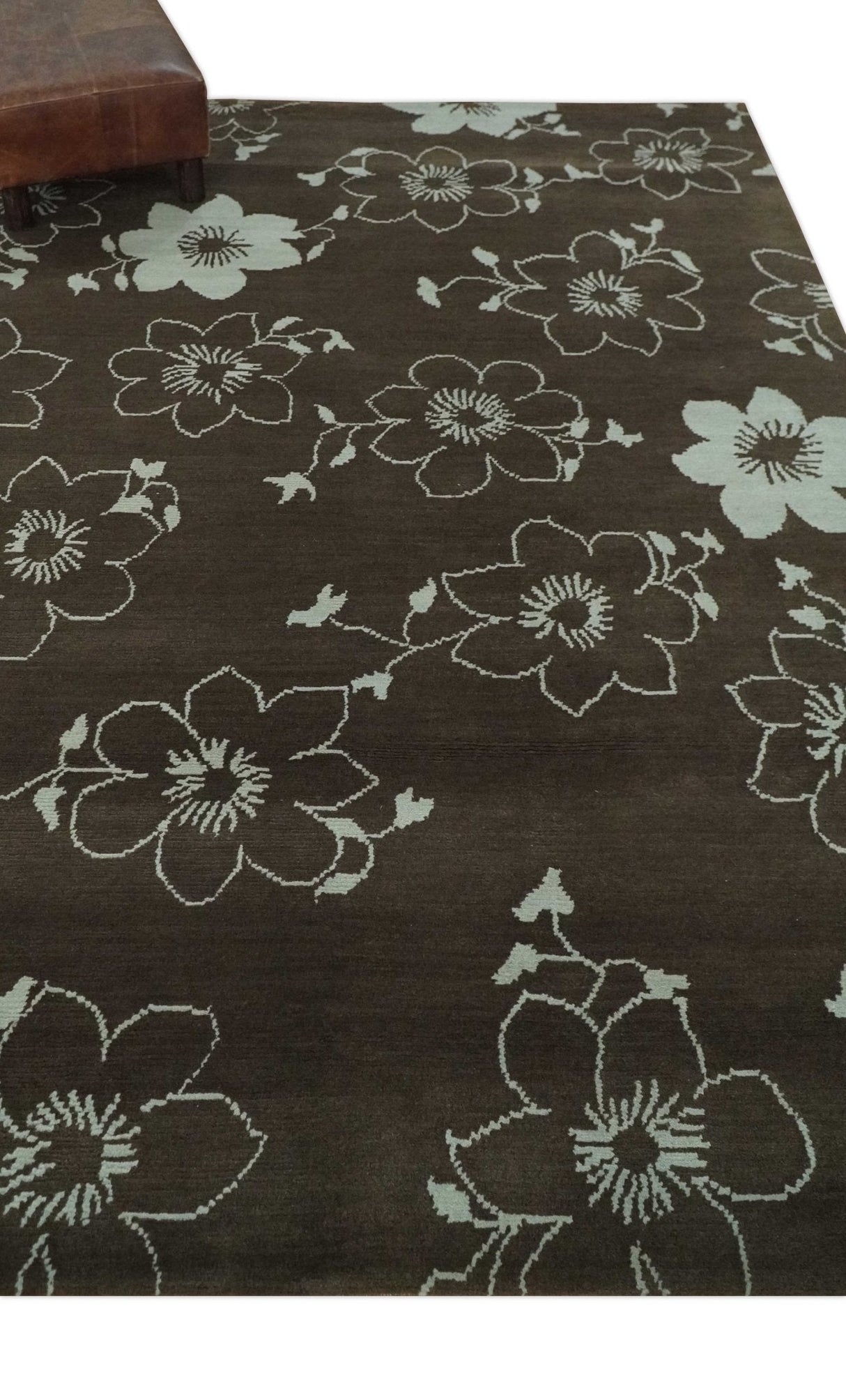 Floral 6x7.6 Brown and Ivory Hand Knotted Wool Area Rug
