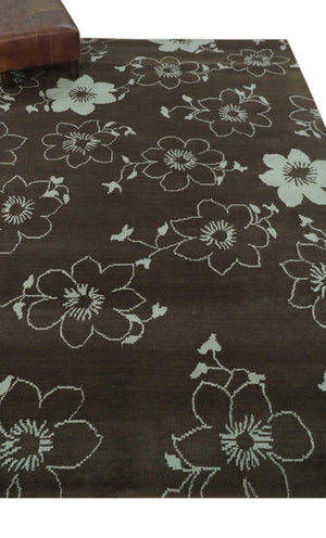 Floral 6x7.6 Brown and Ivory Hand Knotted Wool Area Rug