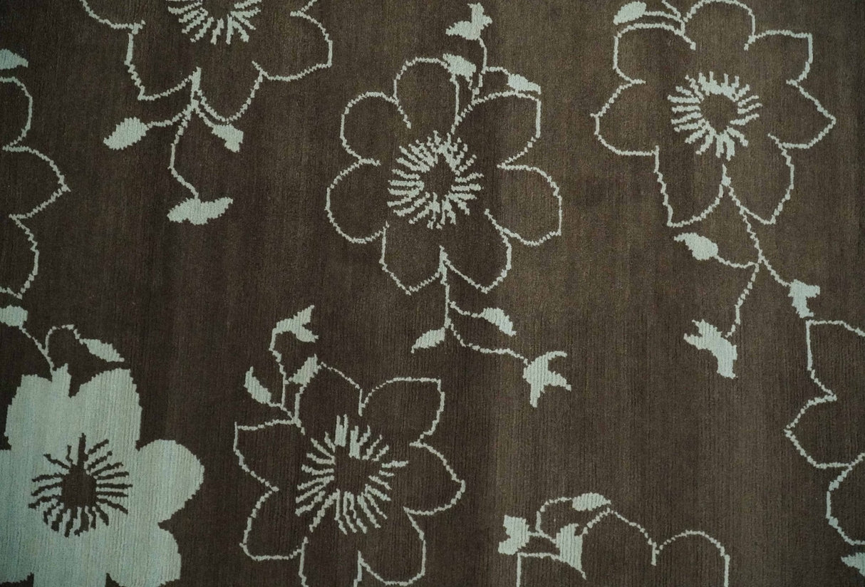 Floral 6x7.6 Brown and Ivory Hand Knotted Wool Area Rug
