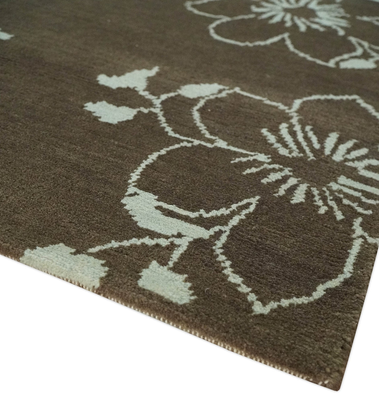 Floral 6x7.6 Brown and Ivory Hand Knotted Wool Area Rug