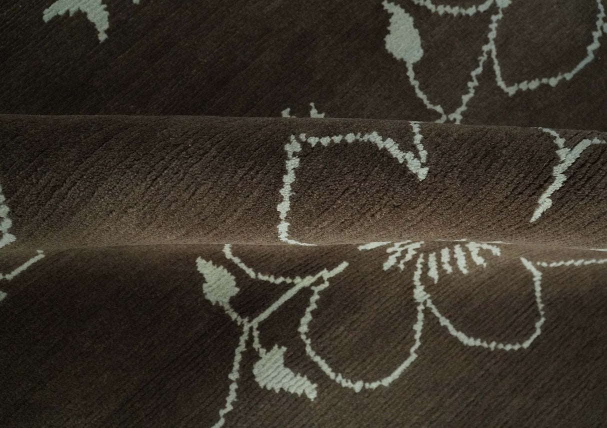 Floral 6x7.6 Brown and Ivory Hand Knotted Wool Area Rug