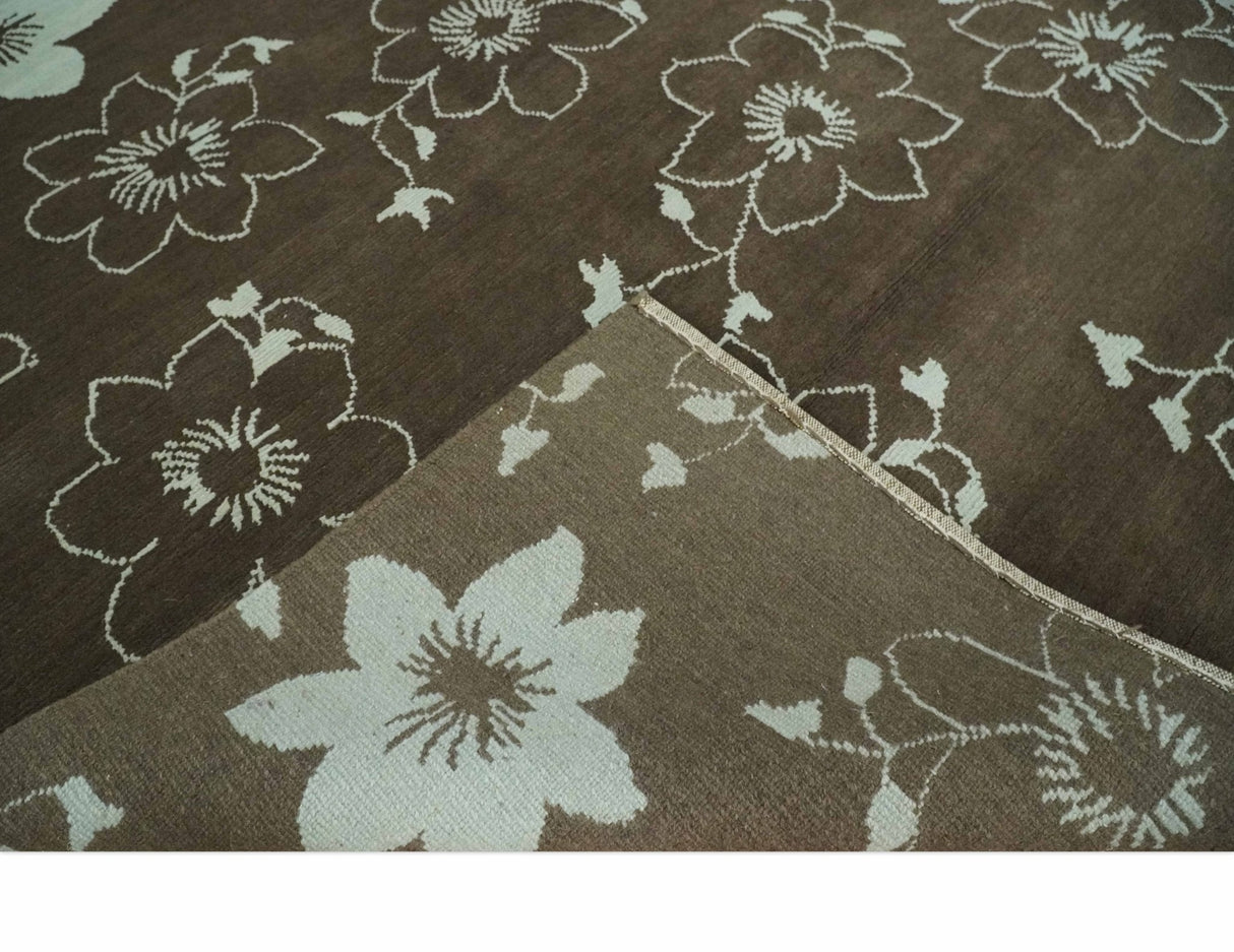 Floral 6x7.6 Brown and Ivory Hand Knotted Wool Area Rug