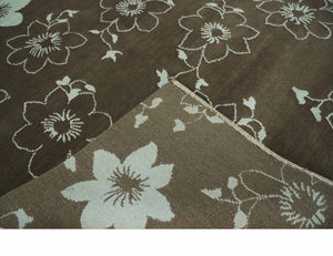Floral 6x7.6 Brown and Ivory Hand Knotted Wool Area Rug