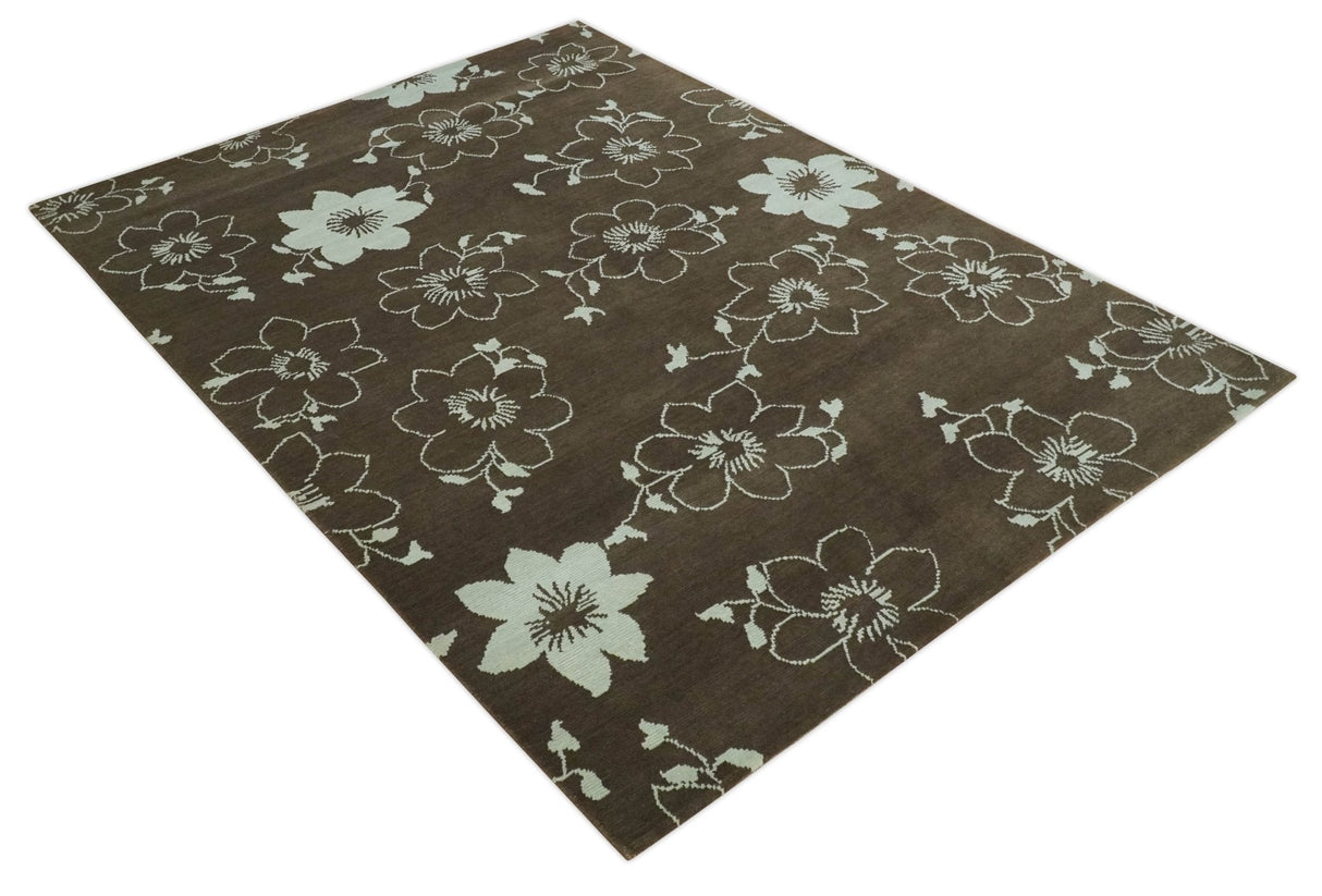 Floral 6x7.6 Brown and Ivory Hand Knotted Wool Area Rug