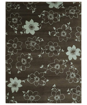 Floral 6x7.6 Brown and Ivory Hand Knotted Wool Area Rug