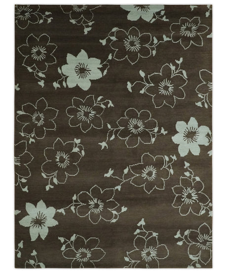 Floral 6x7.6 Brown and Ivory Hand Knotted Wool Area Rug