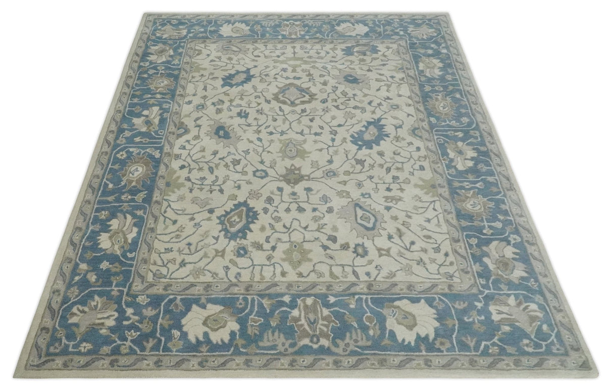 Floral 8x10 Hand Tufted Beige and Blue Modern Oushak Rug
