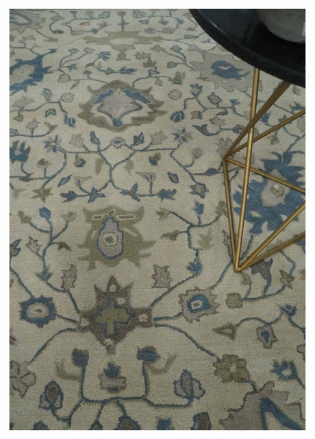 Floral 8x10 Hand Tufted Beige and Blue Modern Oushak Rug