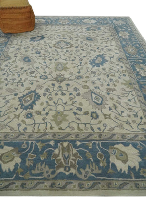 Floral 8x10 Hand Tufted Beige and Blue Modern Oushak Rug
