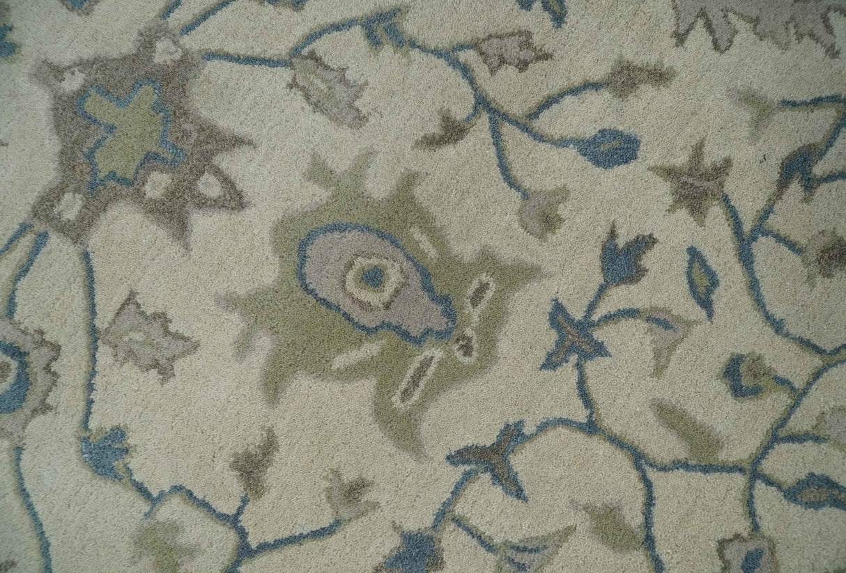 Floral 8x10 Hand Tufted Beige and Blue Modern Oushak Rug