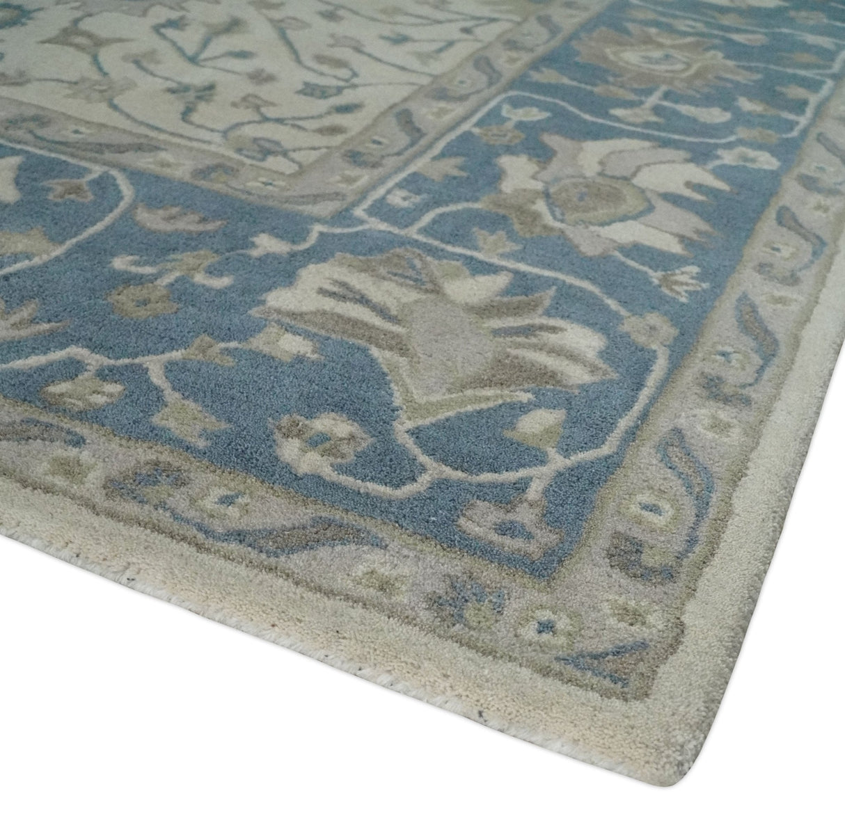 Floral 8x10 Hand Tufted Beige and Blue Modern Oushak Rug