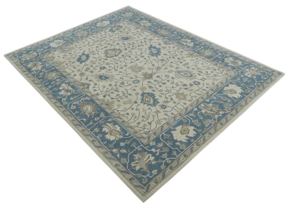 Floral 8x10 Hand Tufted Beige and Blue Modern Oushak Rug