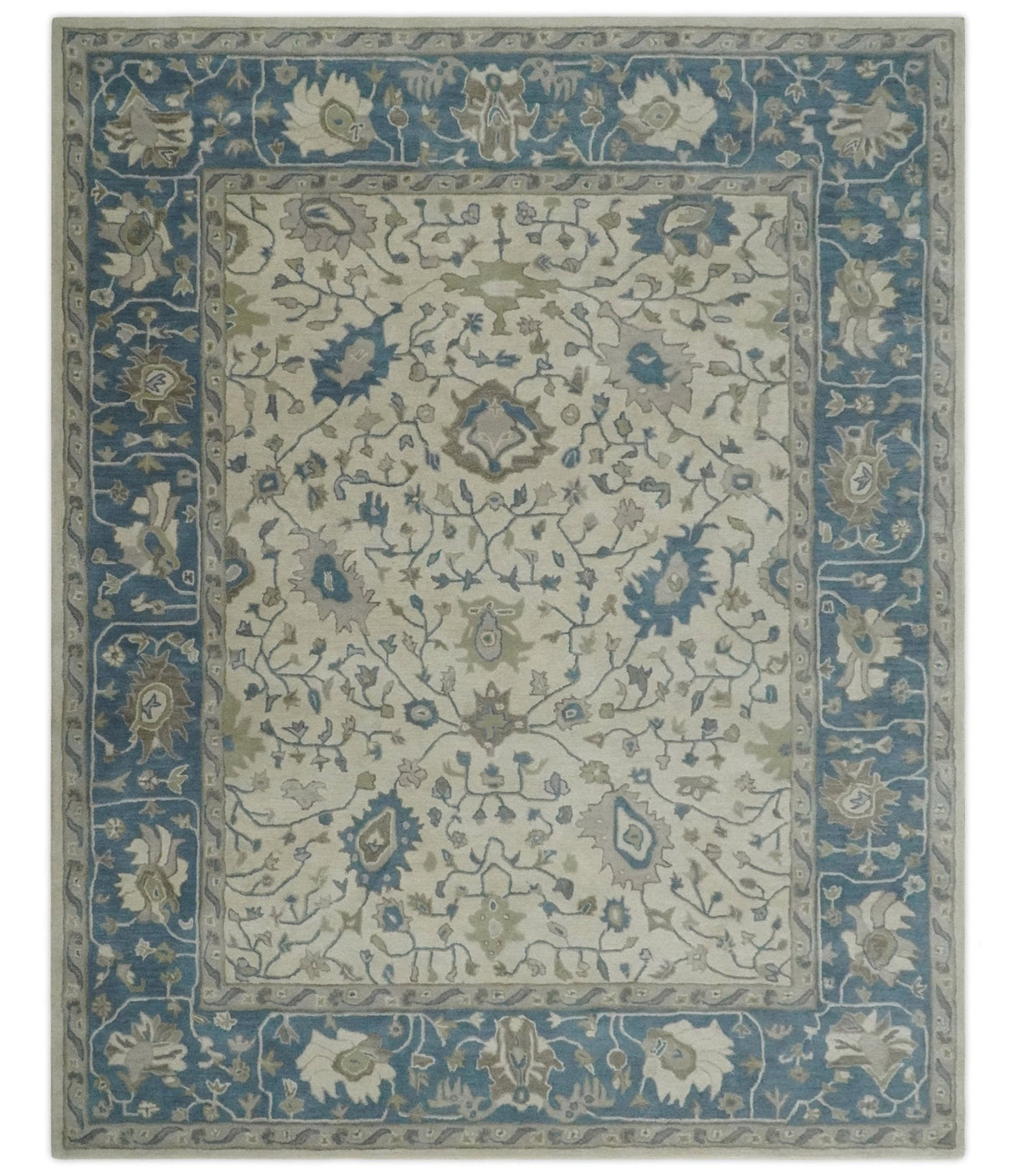 Floral 8x10 Hand Tufted Beige and Blue Modern Oushak Rug