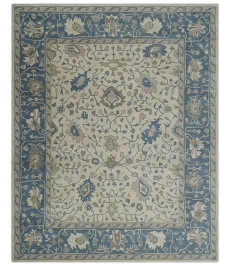 Floral 8x10 Hand Tufted Beige and Blue Modern Oushak Rug