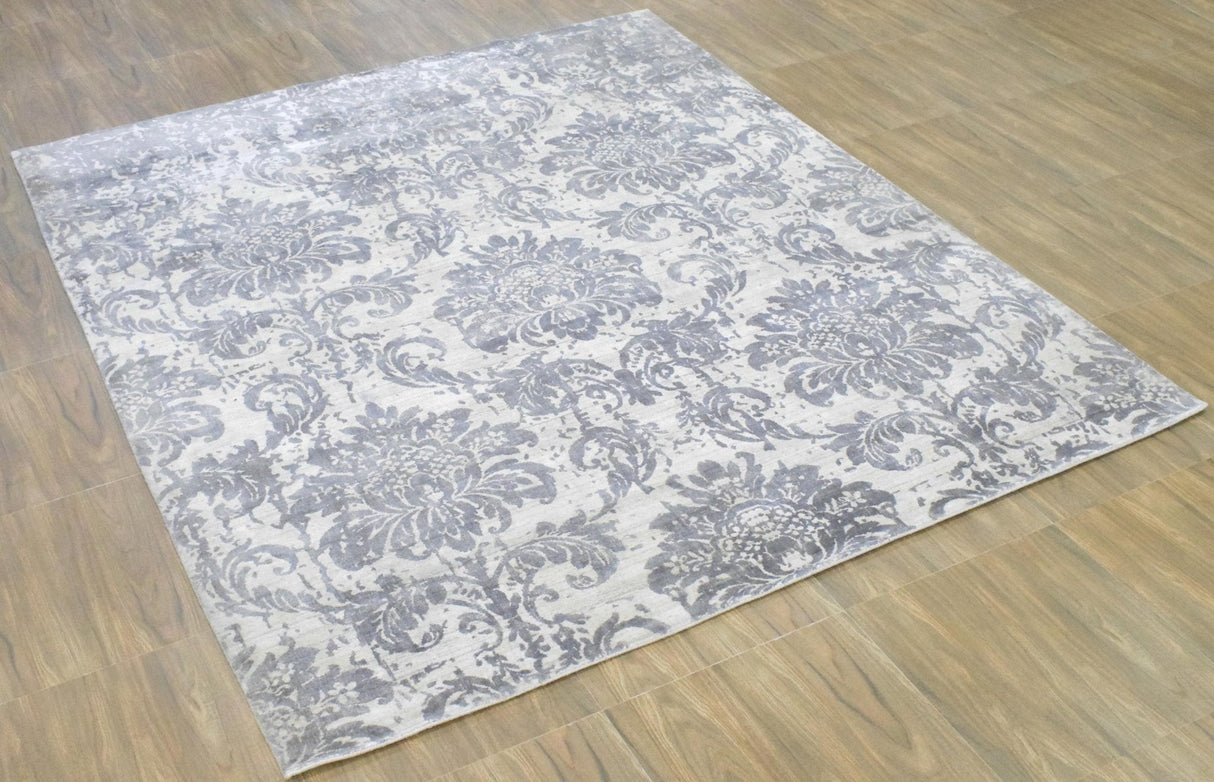 Floral 8x10 Handmade Art Silk Area Rug, Made with screen printing technique