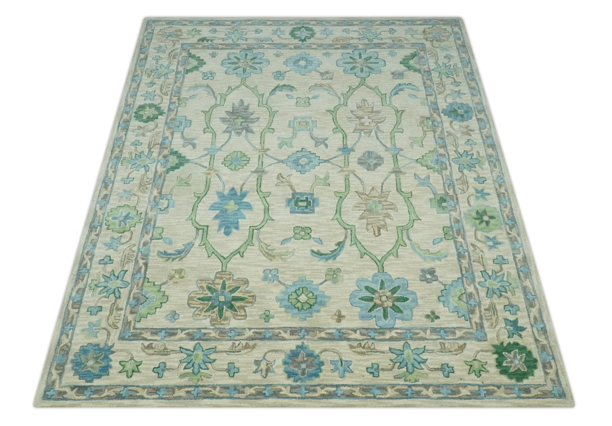 Floral Beige, Gray, Blue and Green Oriental Oushak Hand Tufted 8x10 wool Area rug