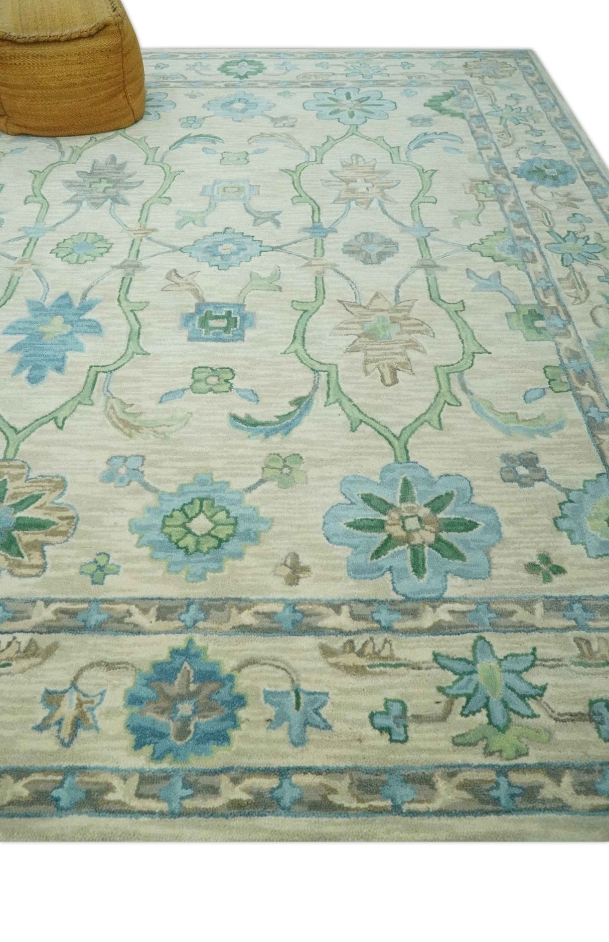 Floral Beige, Gray, Blue and Green Oriental Oushak Hand Tufted 8x10 wool Area rug