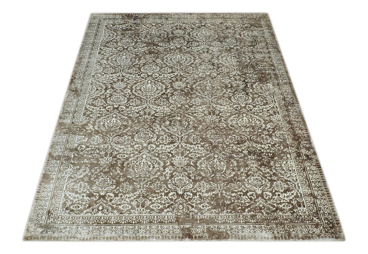 Floral Brown and Ivory Traditional Ikat Large Design 5.6x8 Hand loom Viscose Area Rug