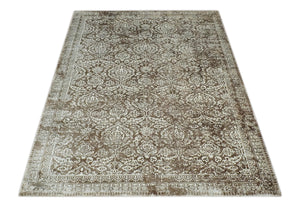Floral Brown and Ivory Traditional Ikat Large Design 5.6x8 Hand loom Viscose Area Rug
