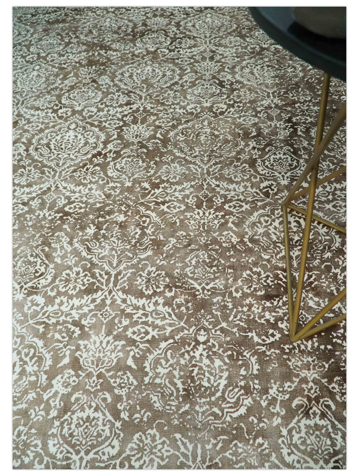 Floral Brown and Ivory Traditional Ikat Large Design 5.6x8 Hand loom Viscose Area Rug
