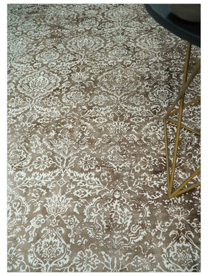 Floral Brown and Ivory Traditional Ikat Large Design 5.6x8 Hand loom Viscose Area Rug