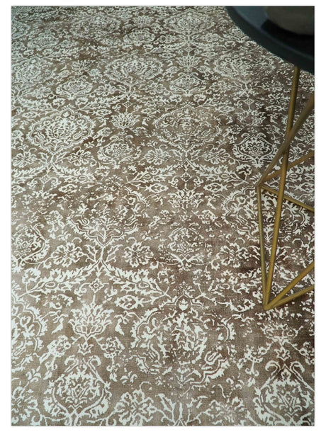 Floral Brown and Ivory Traditional Ikat Large Design 5.6x8 Hand loom Viscose Area Rug