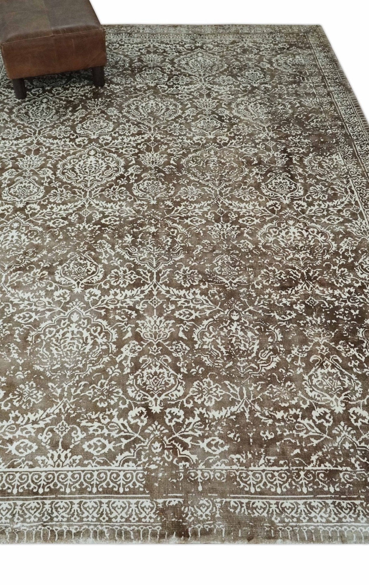 Floral Brown and Ivory Traditional Ikat Large Design 5.6x8 Hand loom Viscose Area Rug