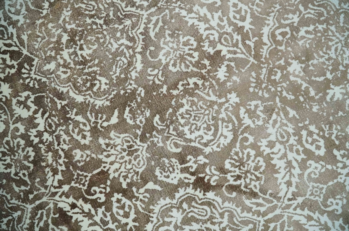Floral Brown and Ivory Traditional Ikat Large Design 5.6x8 Hand loom Viscose Area Rug
