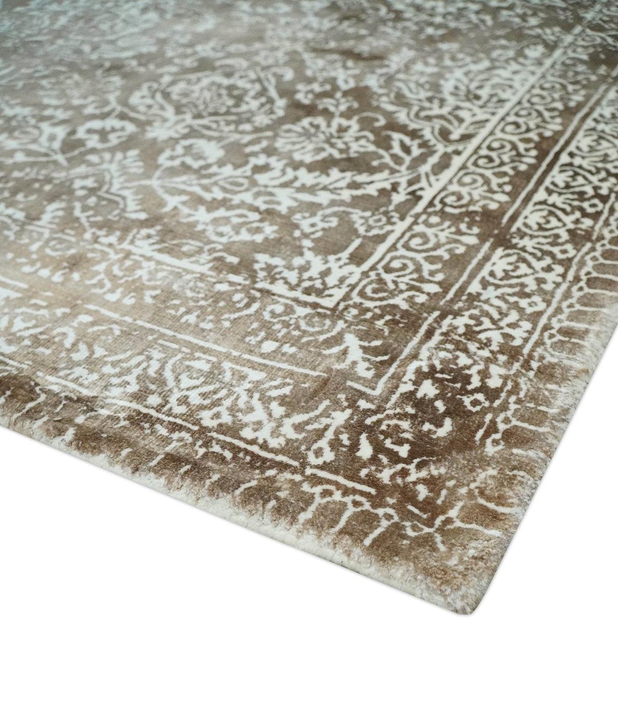 Floral Brown and Ivory Traditional Ikat Large Design 5.6x8 Hand loom Viscose Area Rug